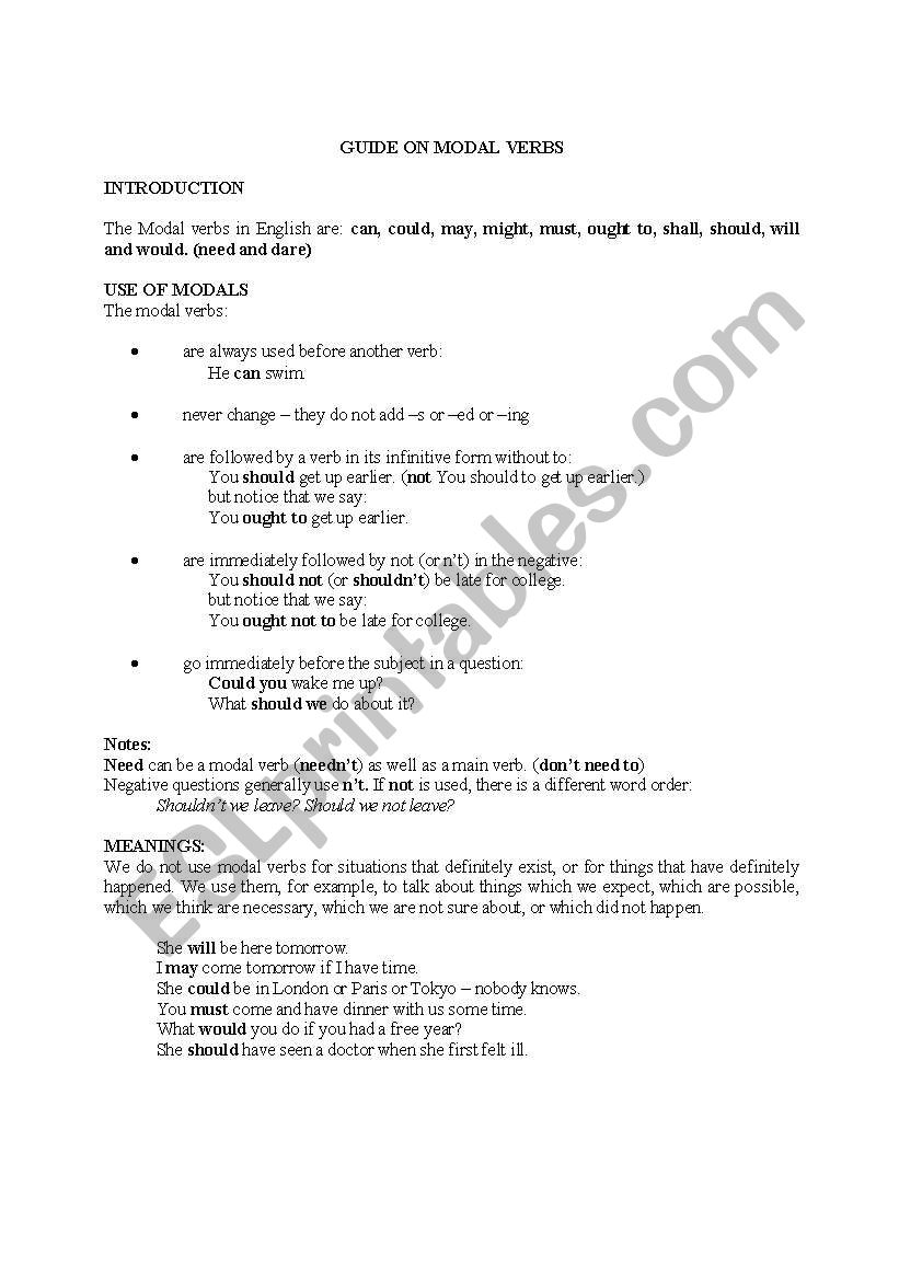 Modal verb review chart worksheet