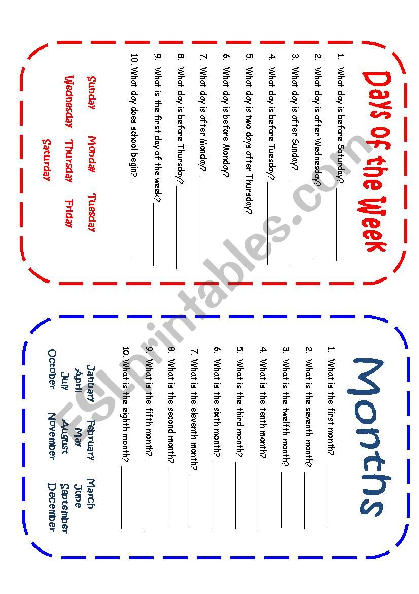 days/months worksheet