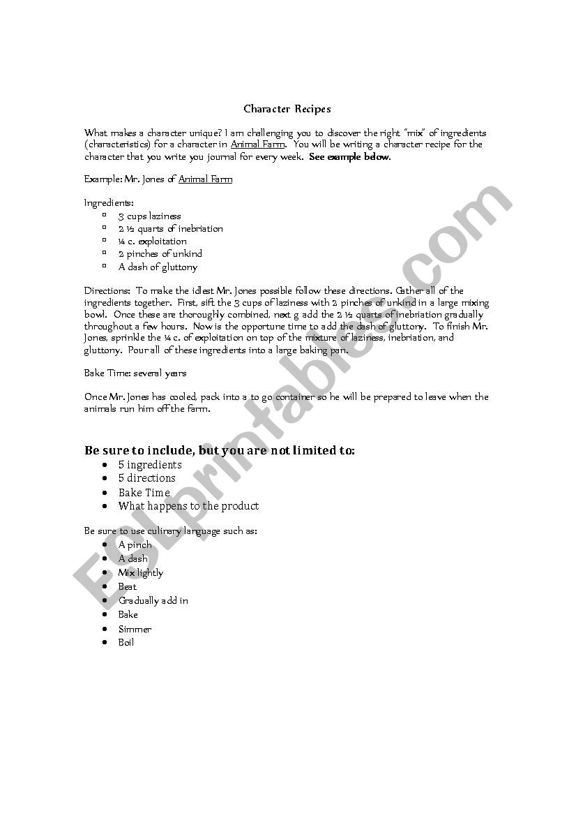 Character Recipe worksheet