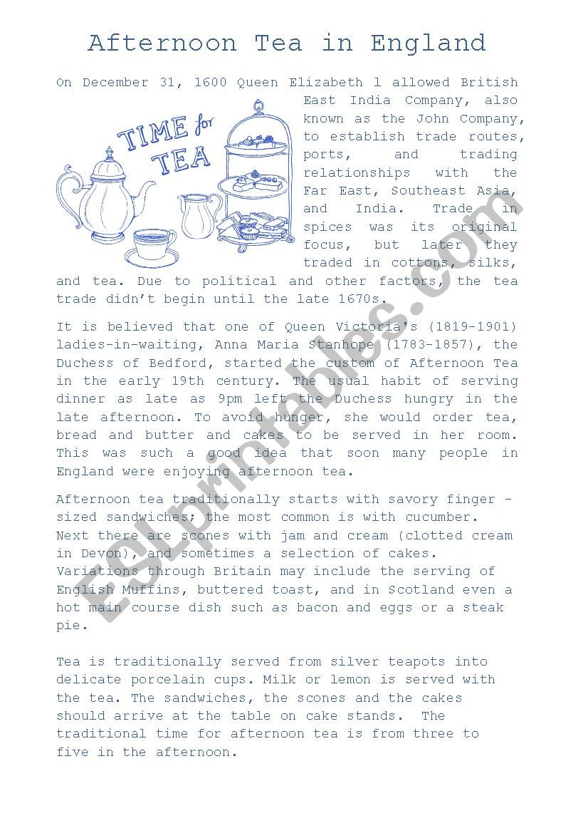 Afternoon Tea in England worksheet