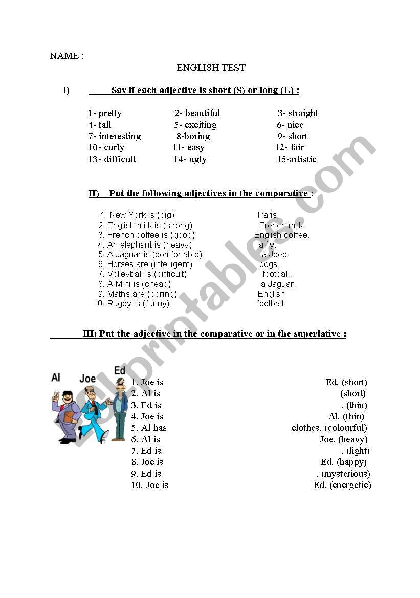 test comparatif superlatif worksheet