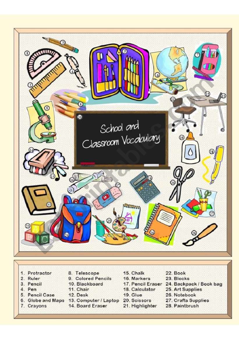 School & Classroom Vocabulary - Picture Dictionary