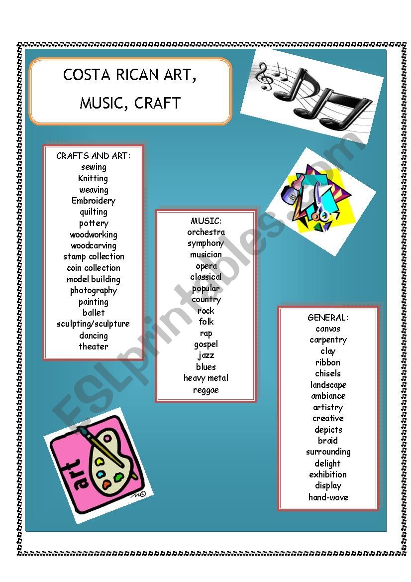 COSTA RICAN ART, MUSIC, CRAFT worksheet