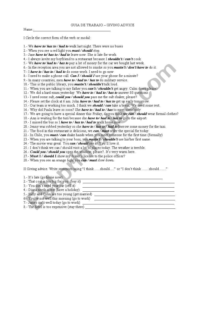 GIVING ADVICE worksheet