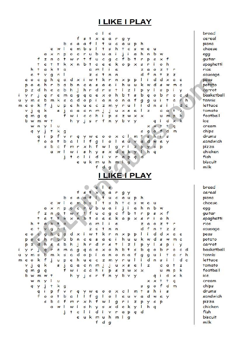 Wordsearch Food and Likes worksheet