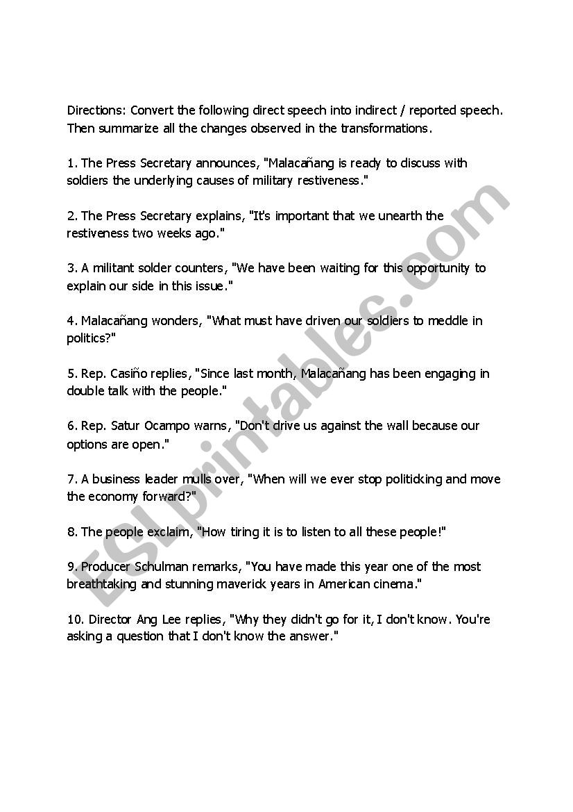 Reported Speech worksheet