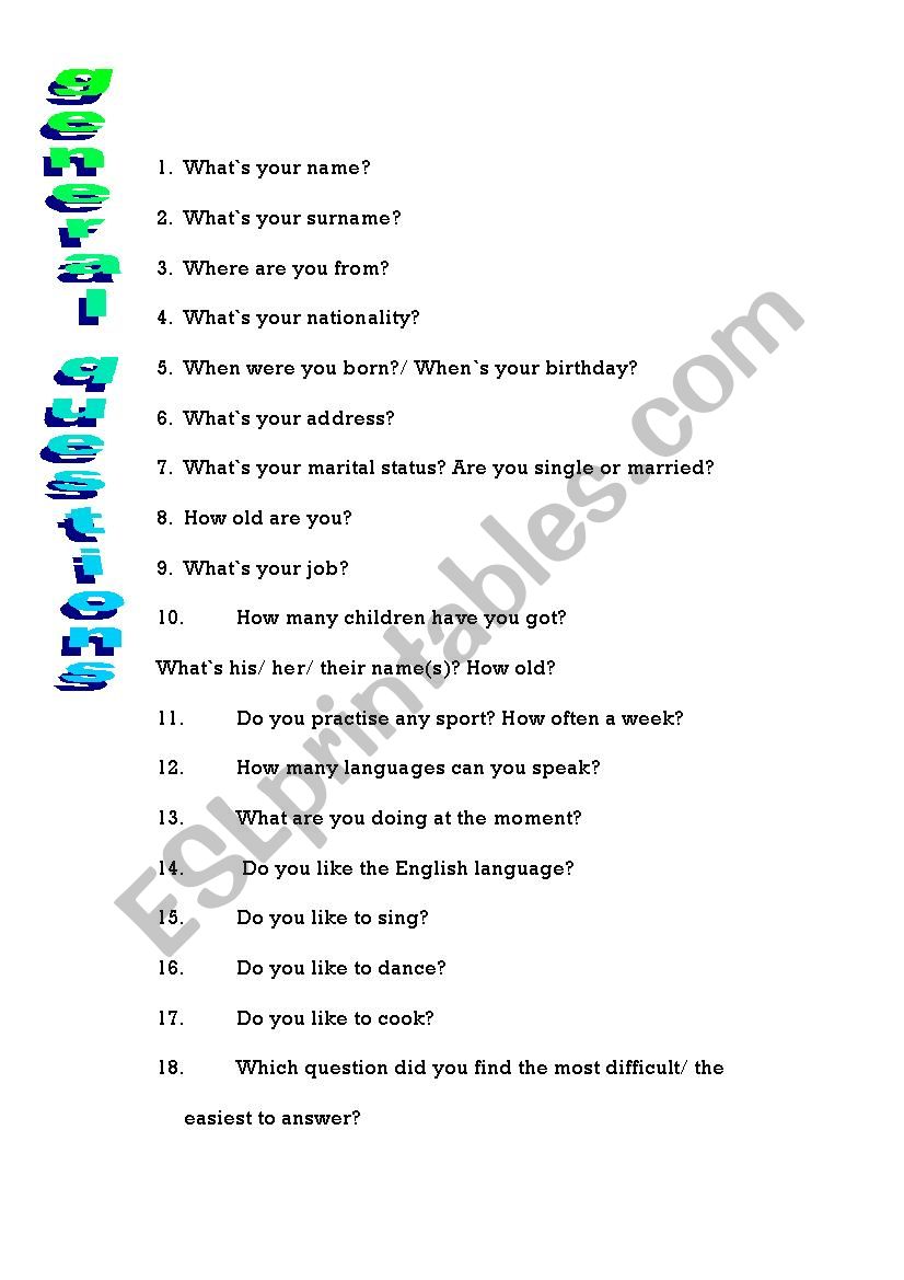 General questions - adults worksheet