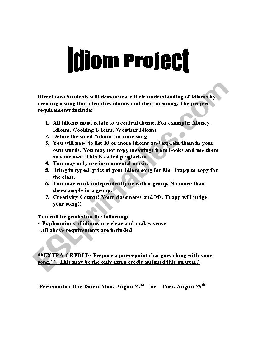 Idiom Project worksheet