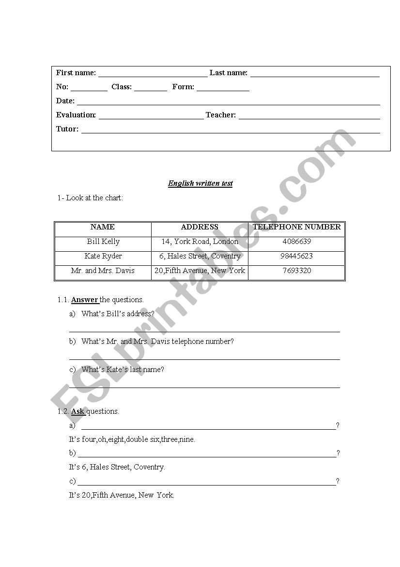 Addresses and phone numbers worksheet