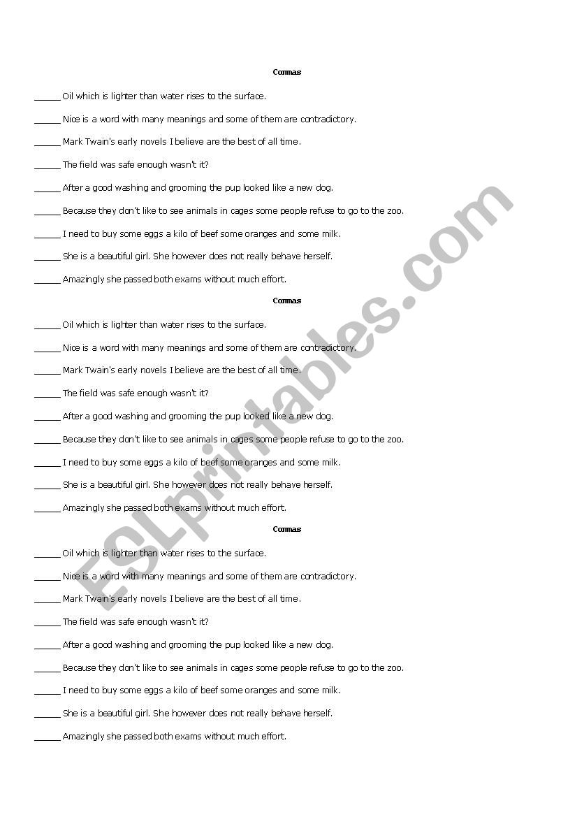 Comma exercise worksheet