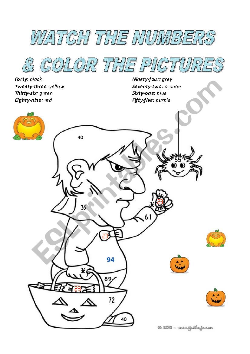 Halloween colors and numbers worksheet