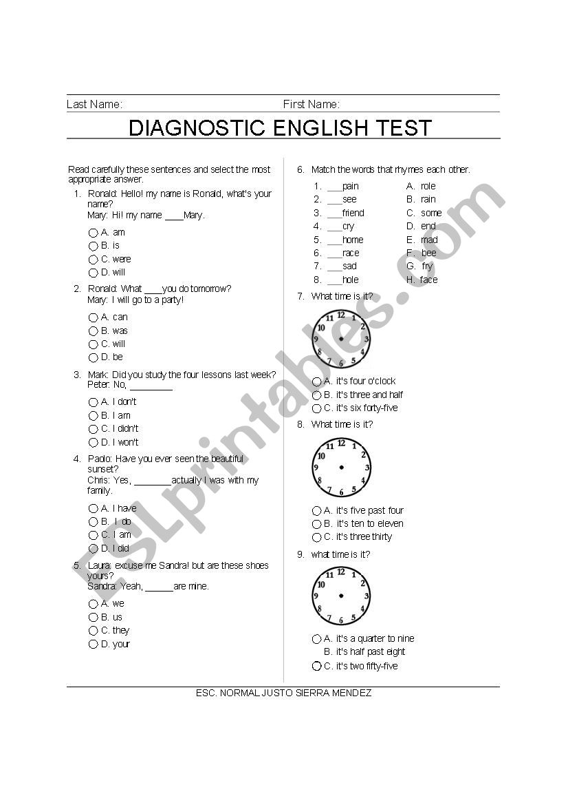 Diagnostic English Test worksheet