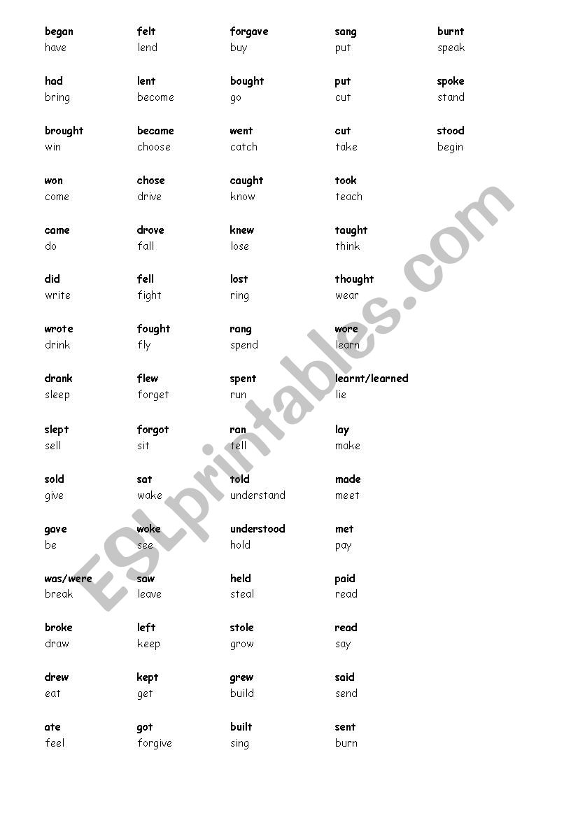 irregular past tense cards worksheet