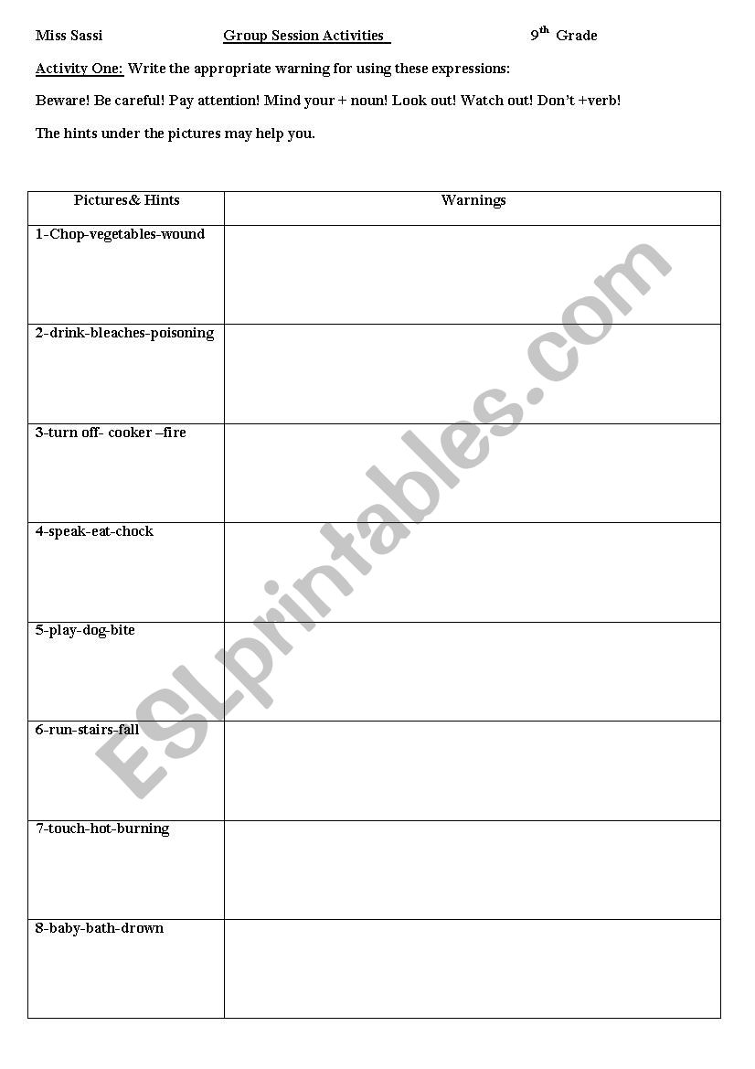 group ession : safety at home worksheet