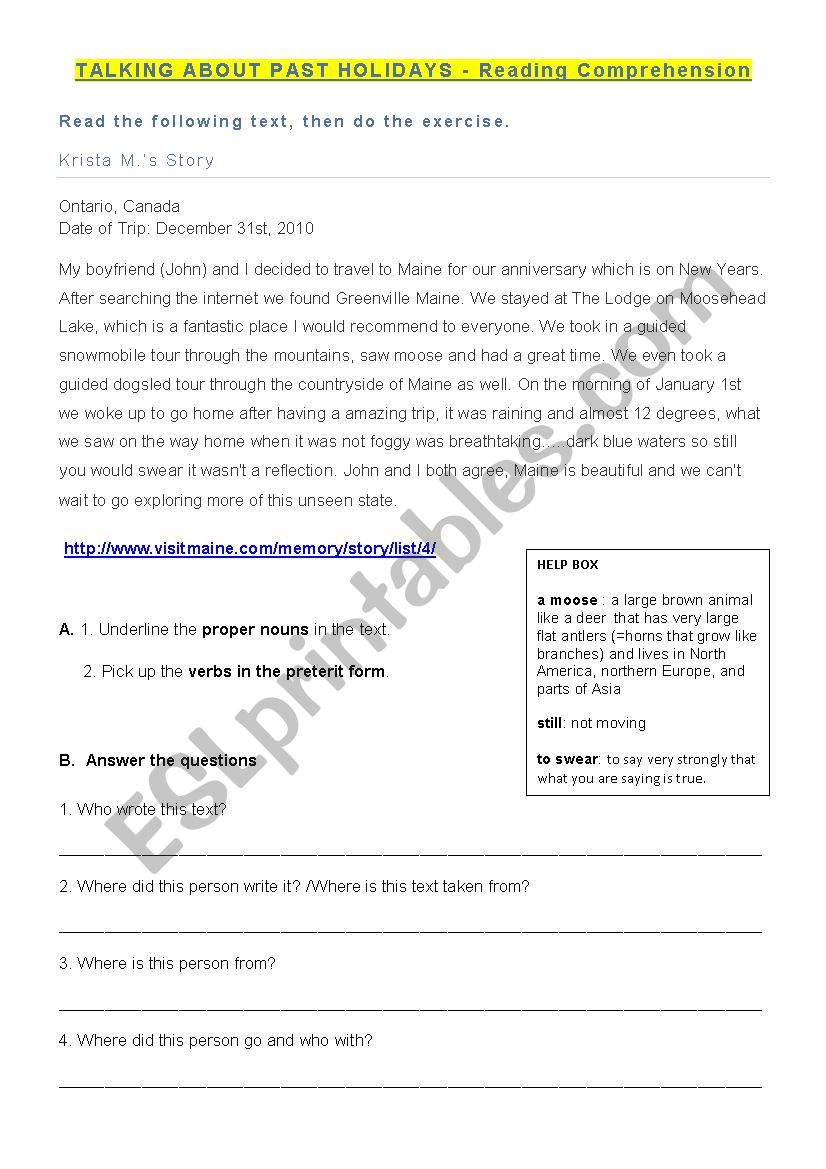 Past Holidays- Reading Comprehension - Authentic Document