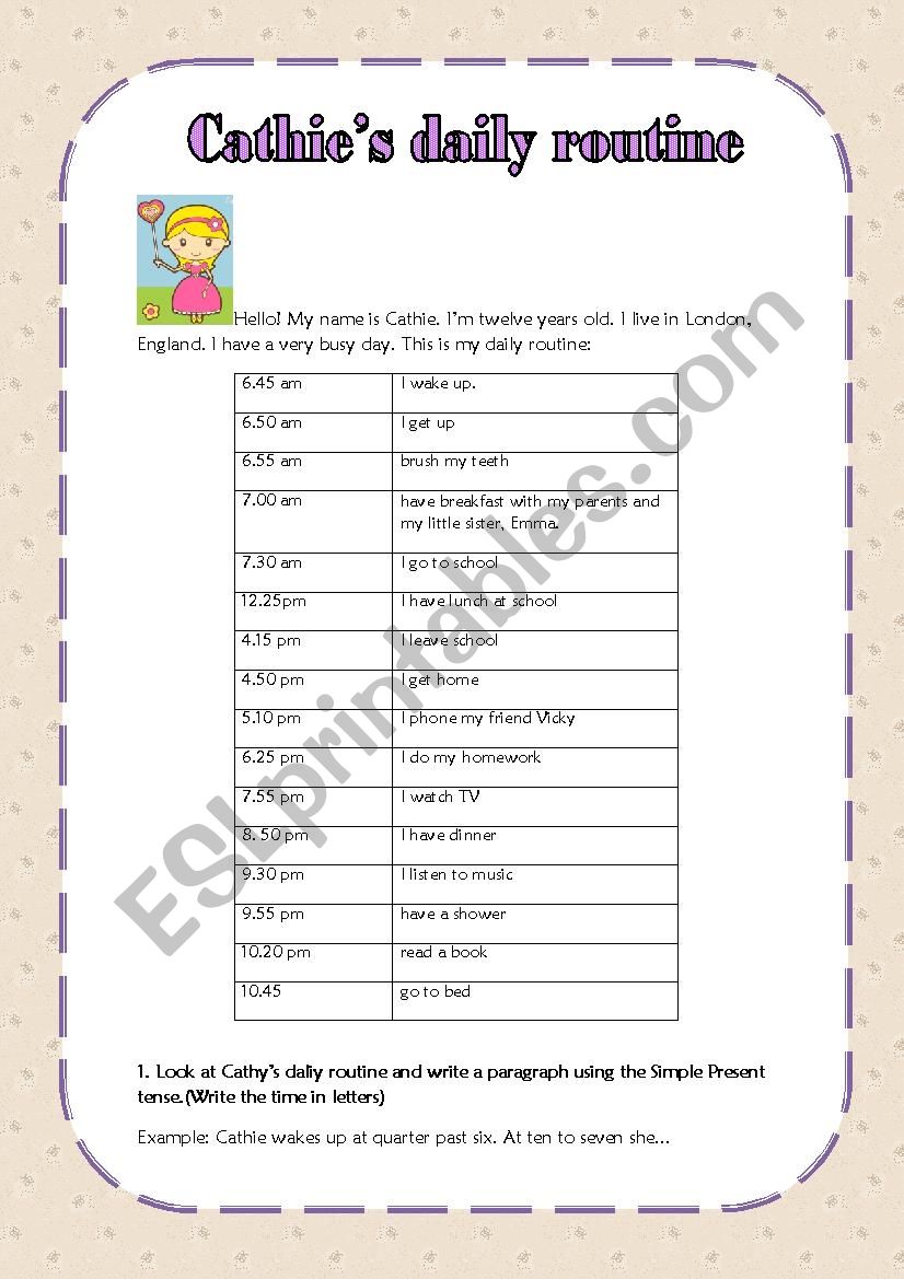 Cathies Daily Routines (Simple Present and telling the time)