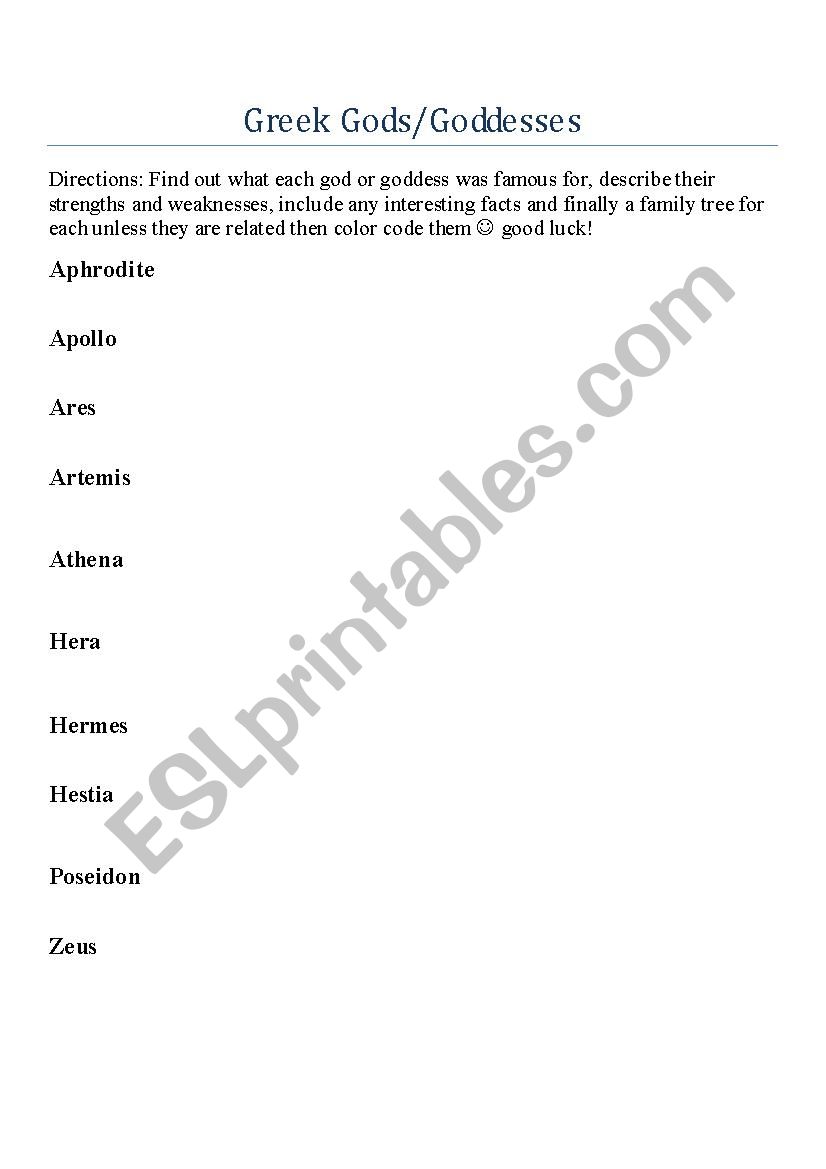 Greek God/Godess Activity worksheet