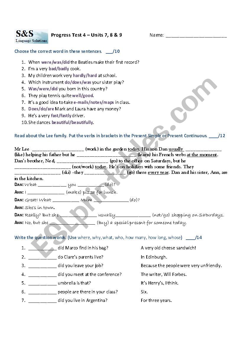 Progress test - elementary level - simple past, have to - comparatives