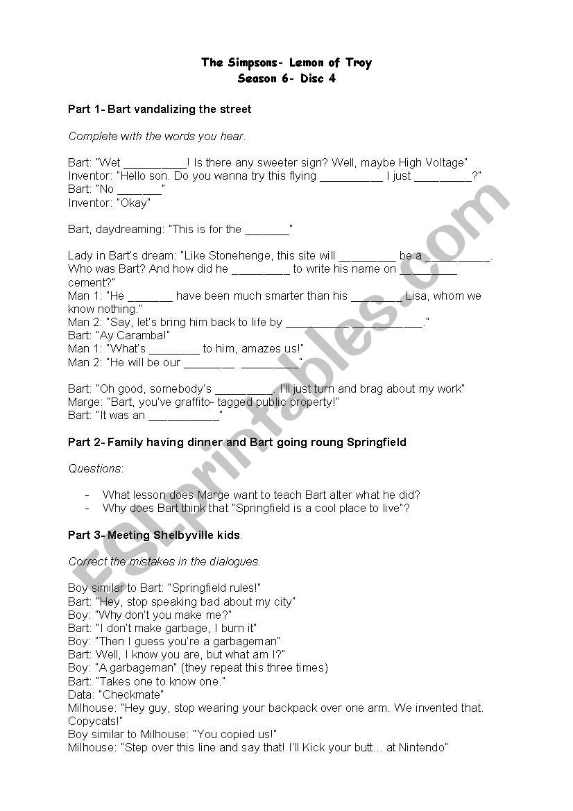 The Simpsons- Lemon of Troy worksheet