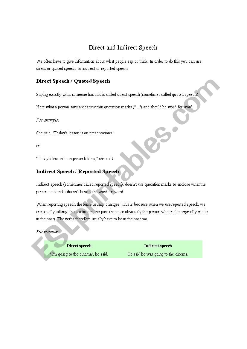 Direct and Indirect speech worksheet