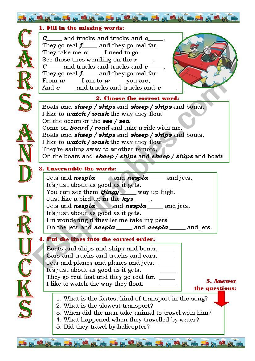 Cars and trucks worksheet