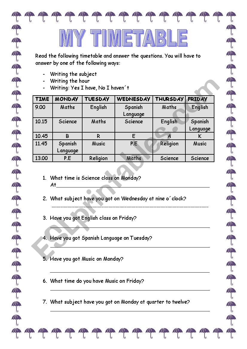 MY TIMETABLE (SCHEDULE) worksheet