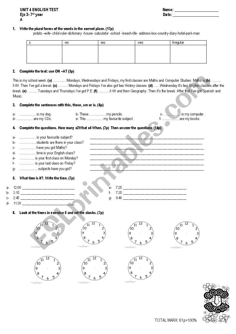 Grammar test worksheet