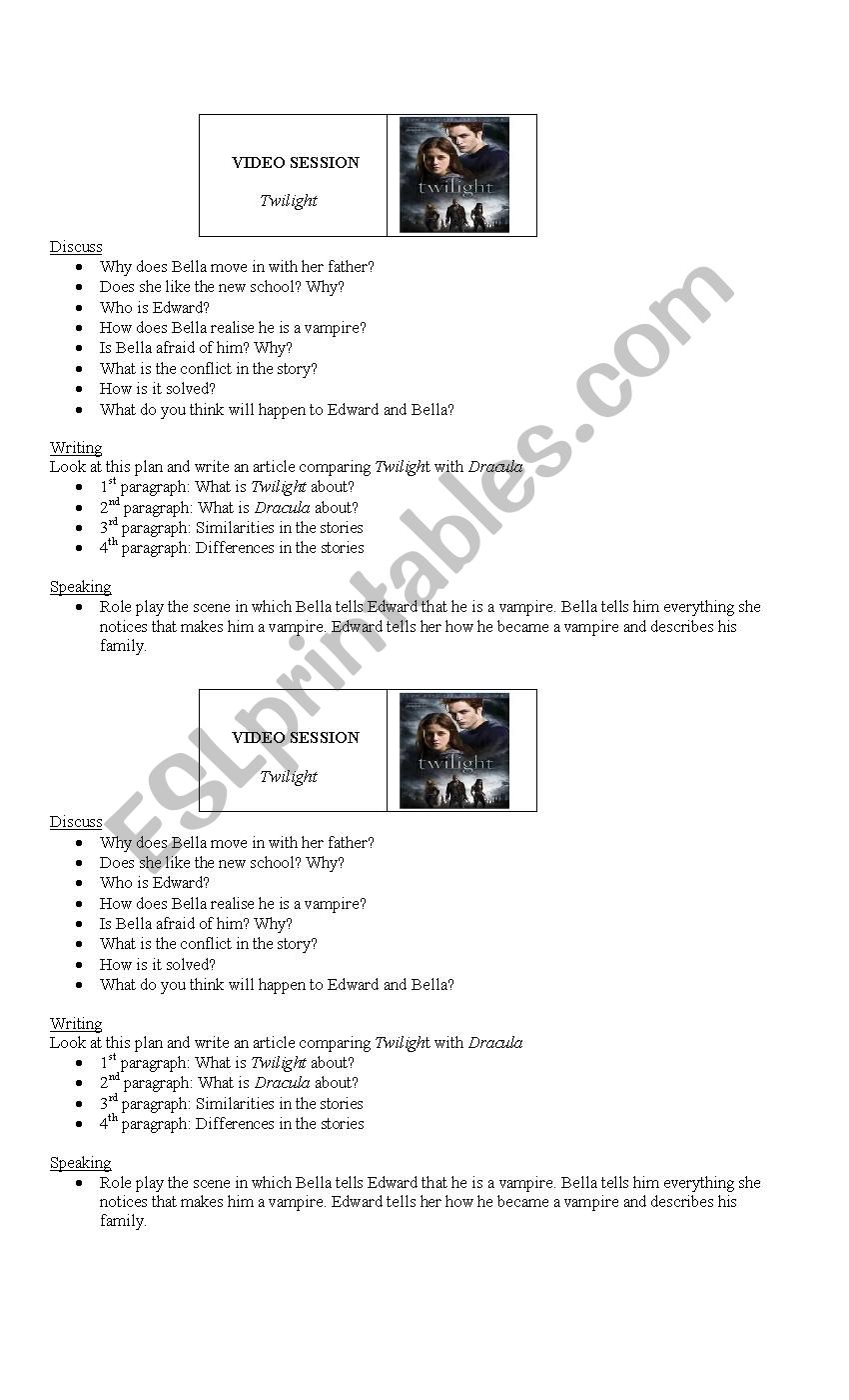 Twilight and Dracula worksheet