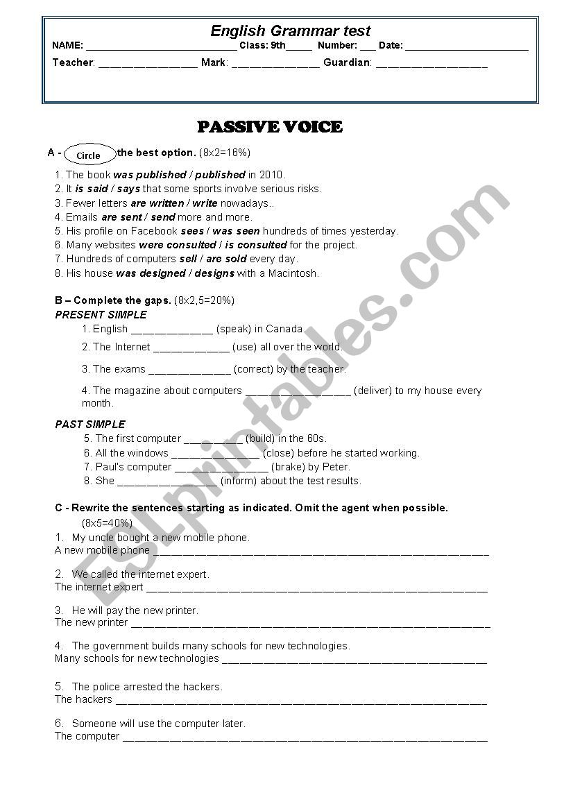 worksheet  / test on Passive Voice