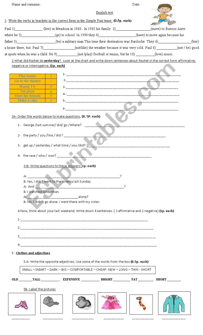 Simple past / adjectives /clothes test