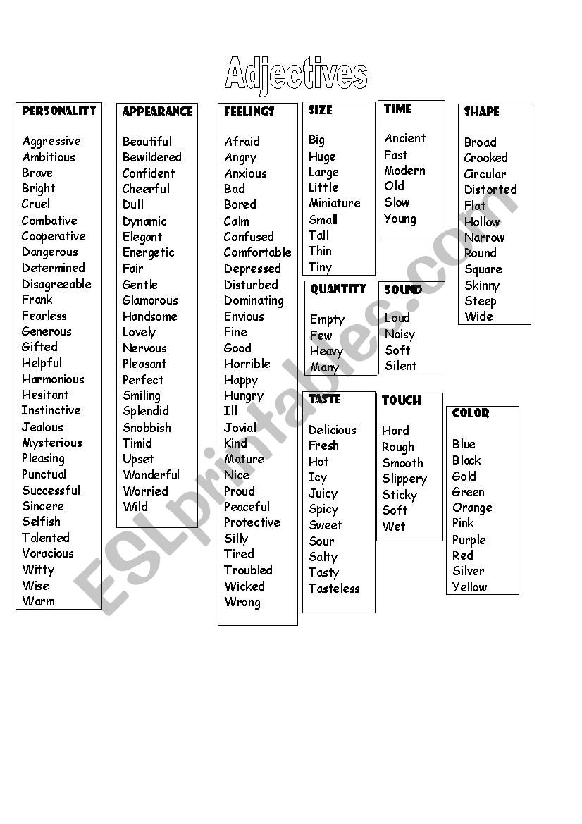 List of adjectives (descriptive)