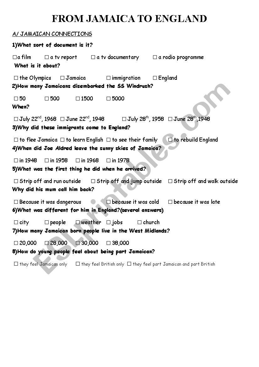 From England to Jamaica worksheet