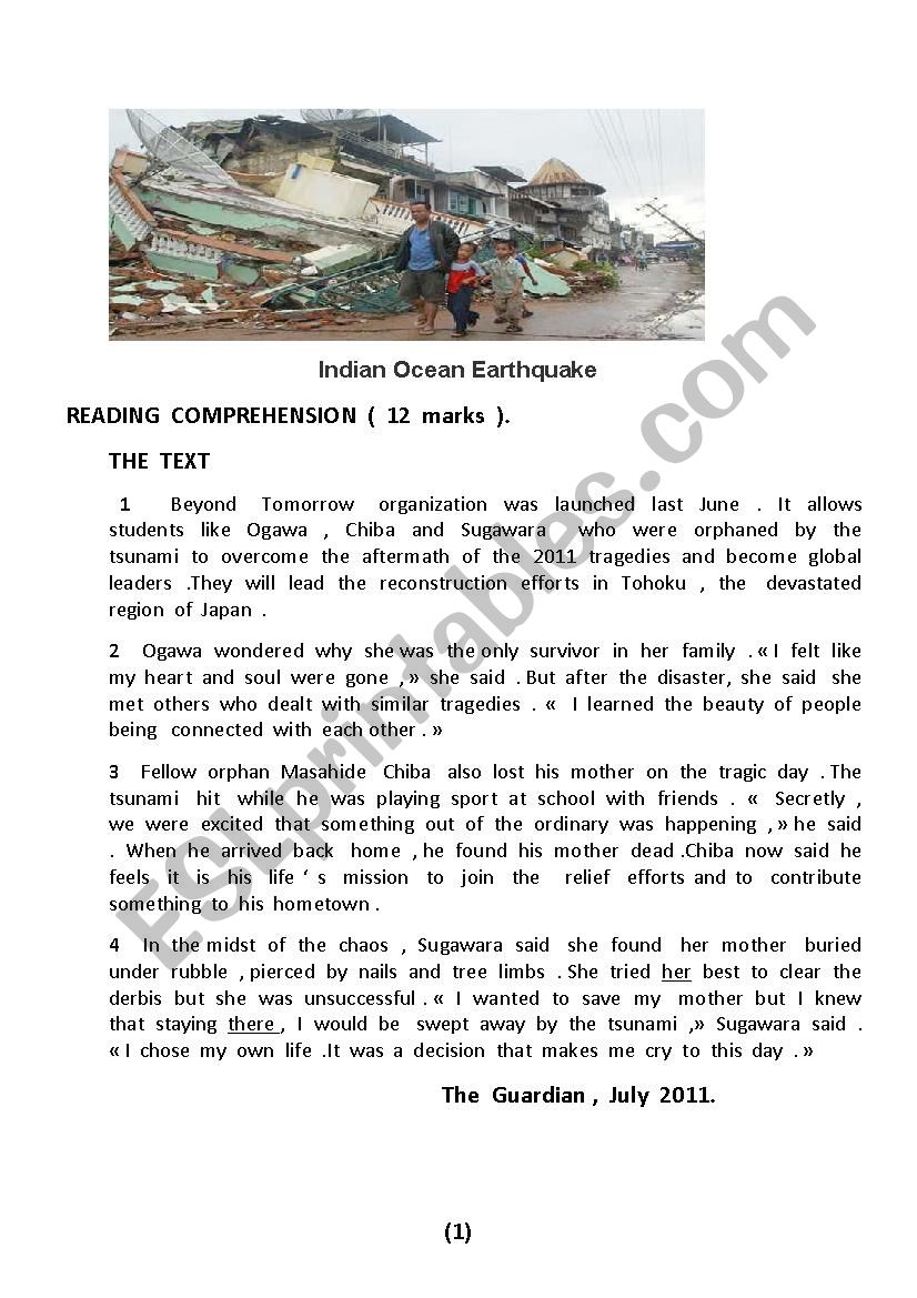 Indian Ocean  Earthquake worksheet