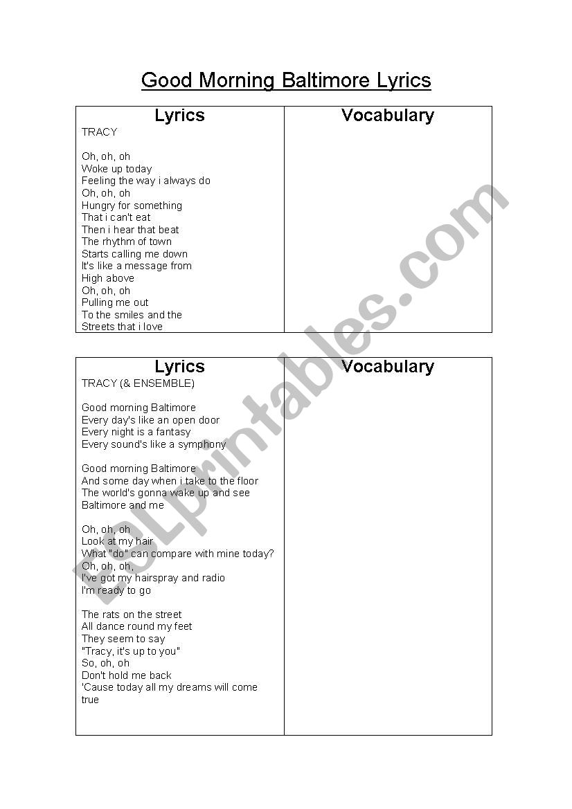 Good Baltimore song worksheet
