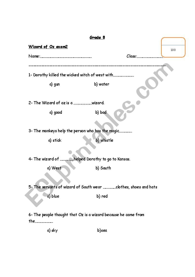 wizard of oz worksheet