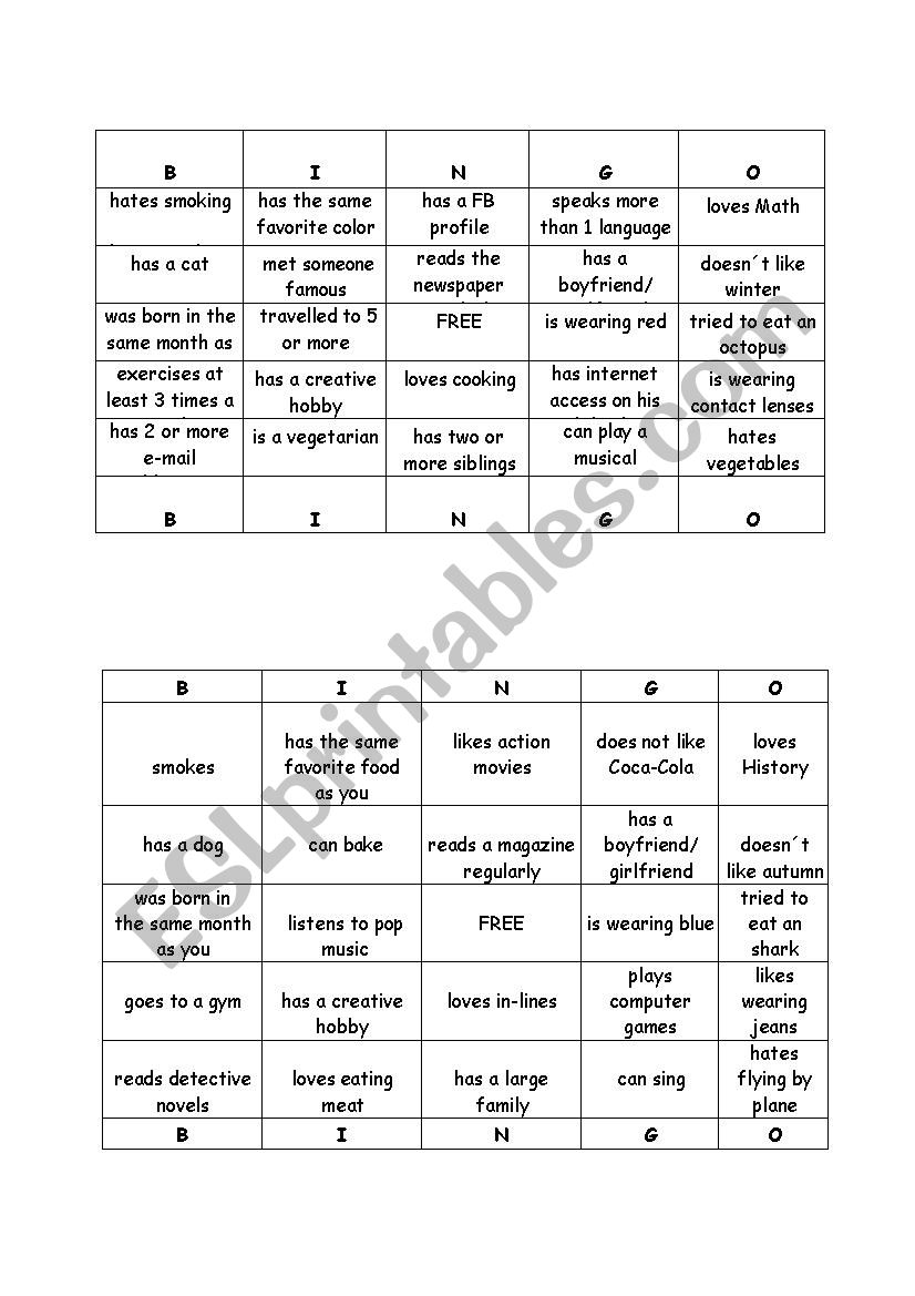 Bingo - a meeting activity worksheet