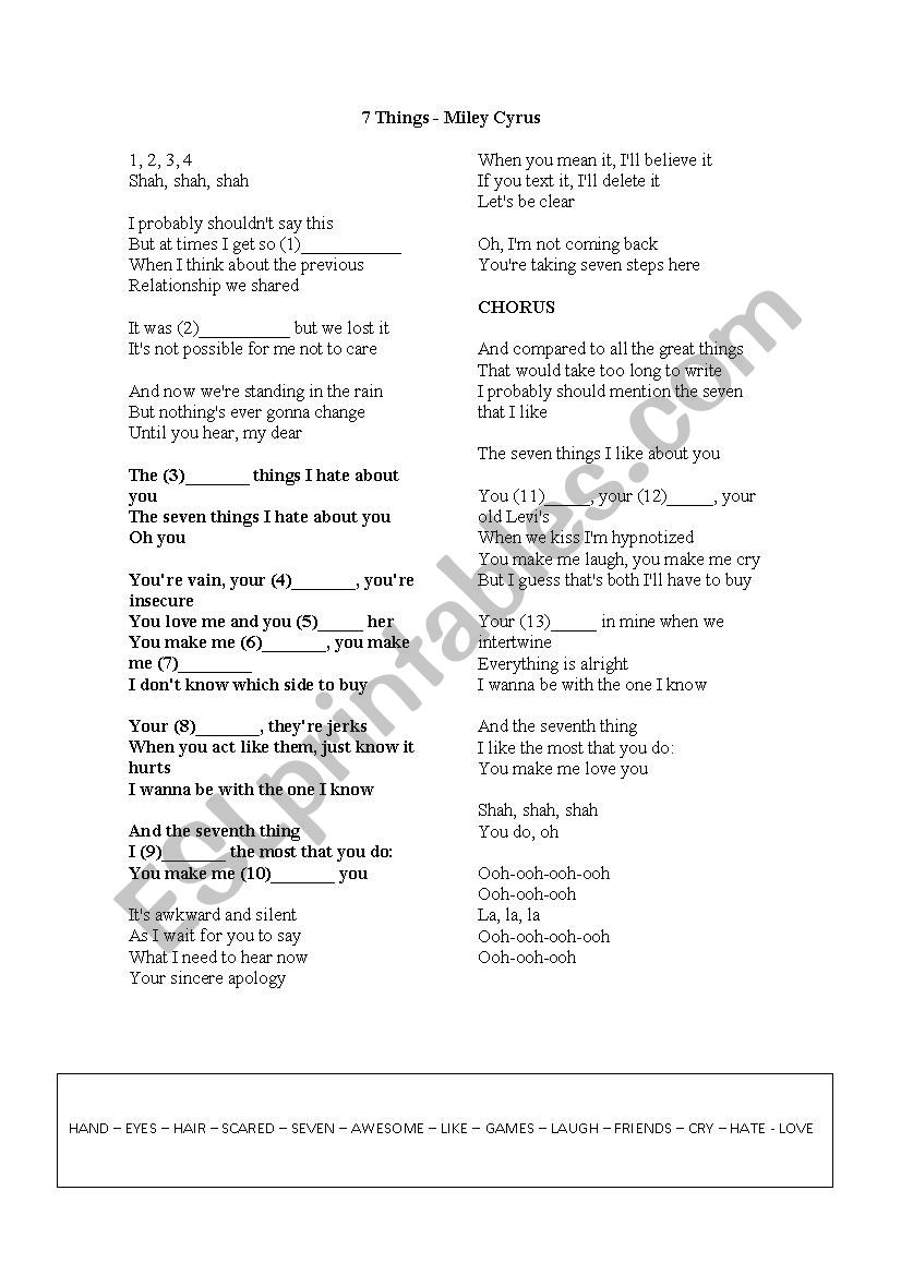 7 things by Miley Cyrus worksheet