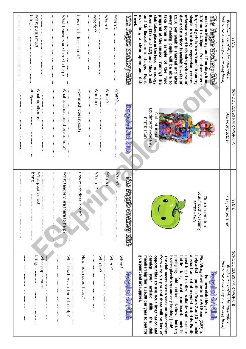 Schhol Clubs pair work worksheet