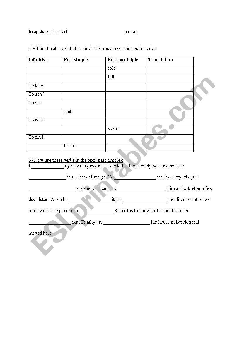 irregular verbs in short text worksheet