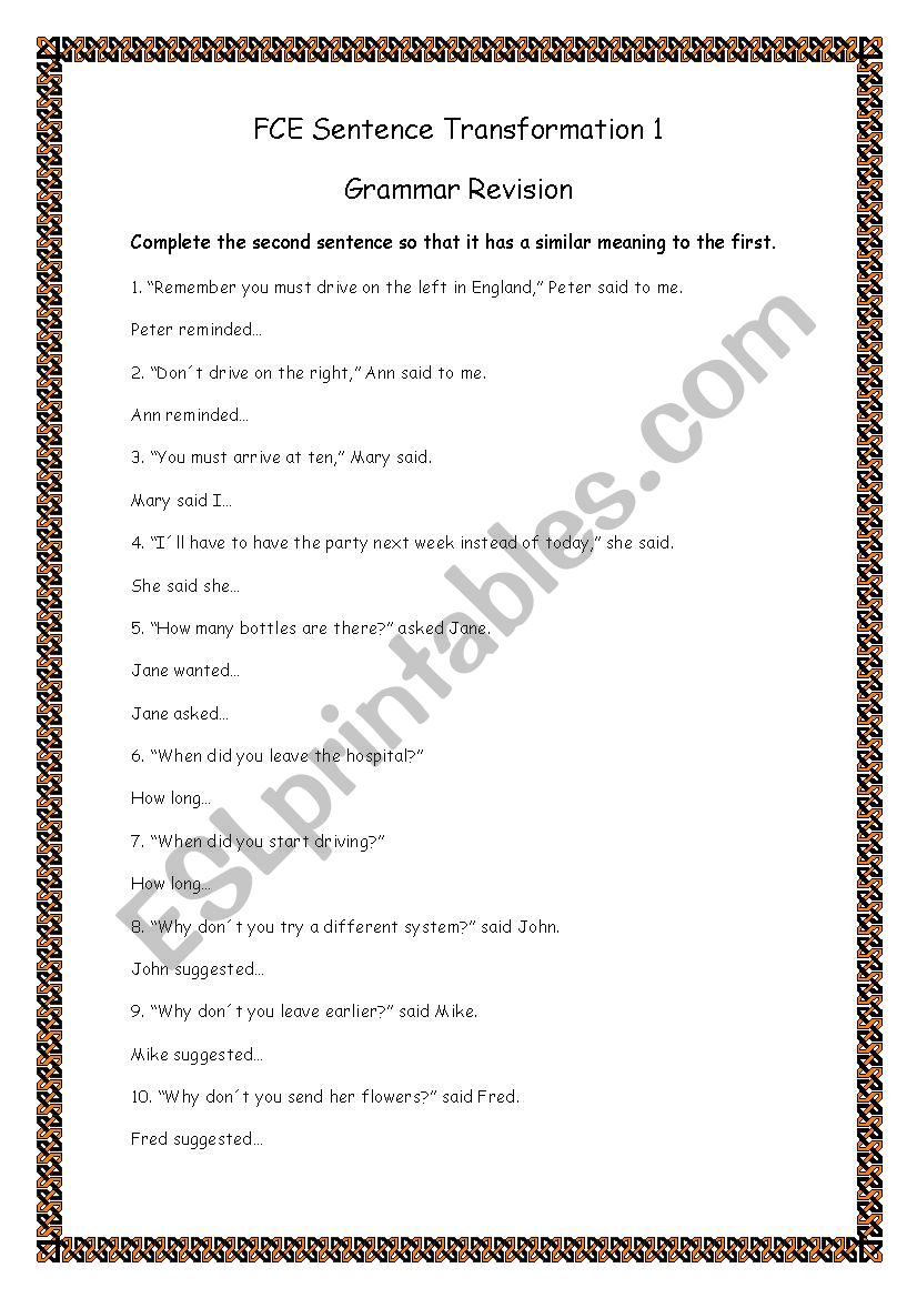  FCE Sentence Transformation worksheet