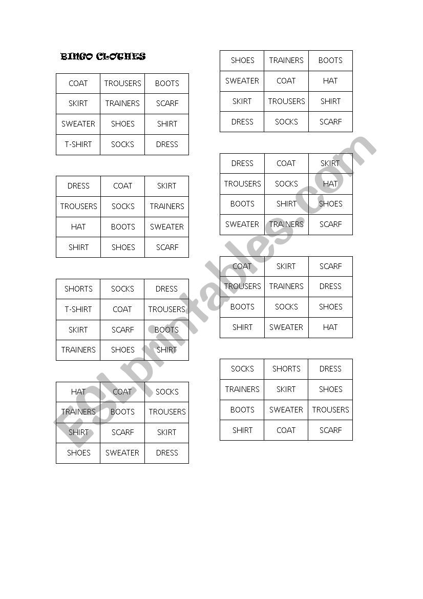 Bingo with Clothes worksheet