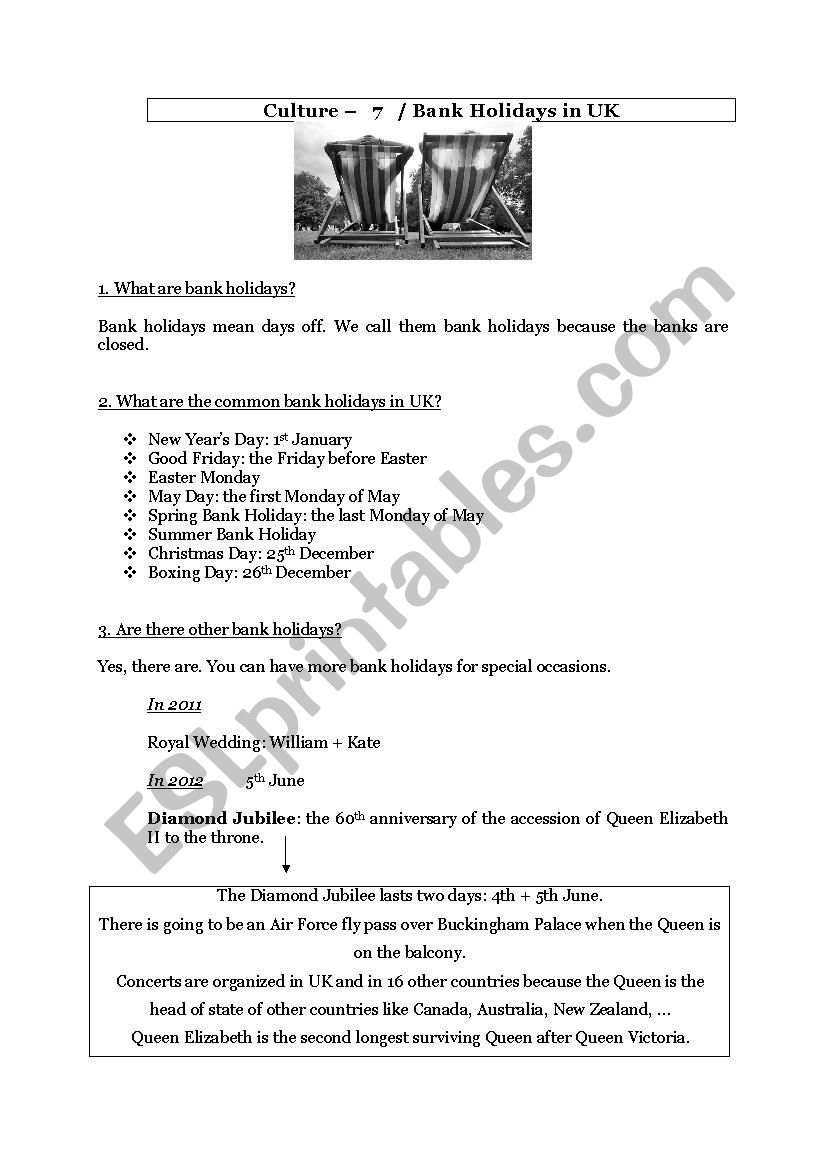 Bank holidays in UK worksheet