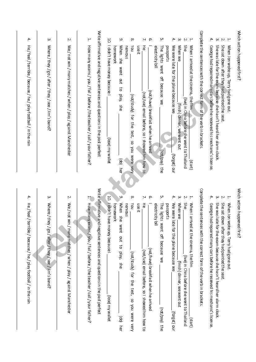 Past perfect activities worksheet