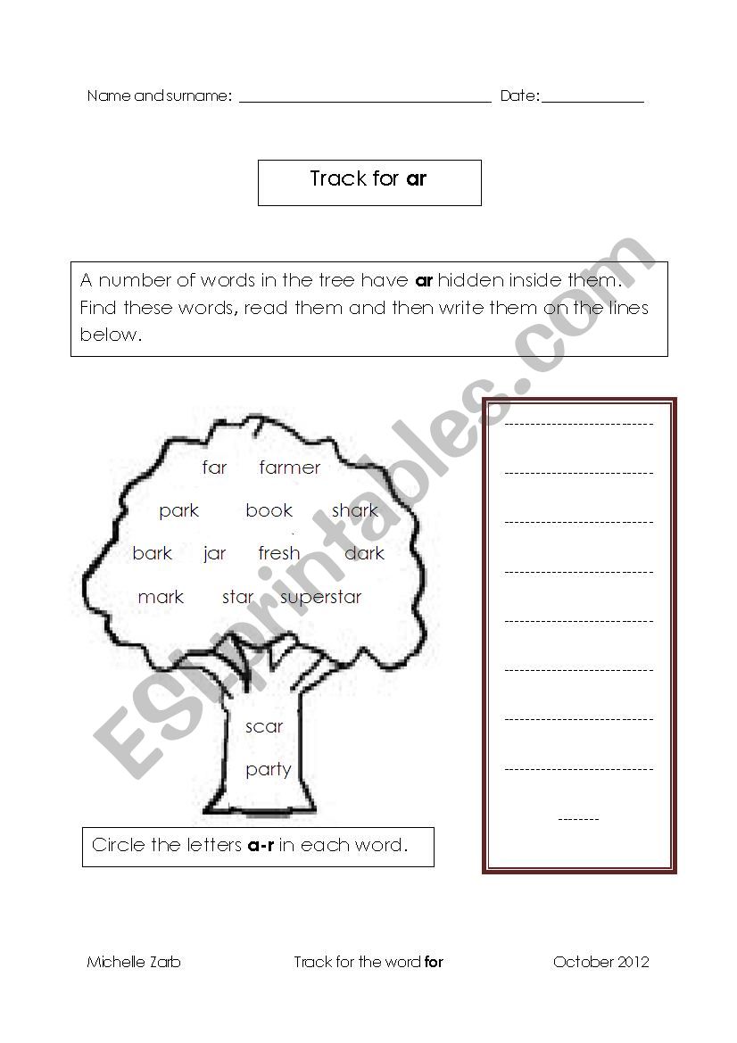 Track for ar in words worksheet