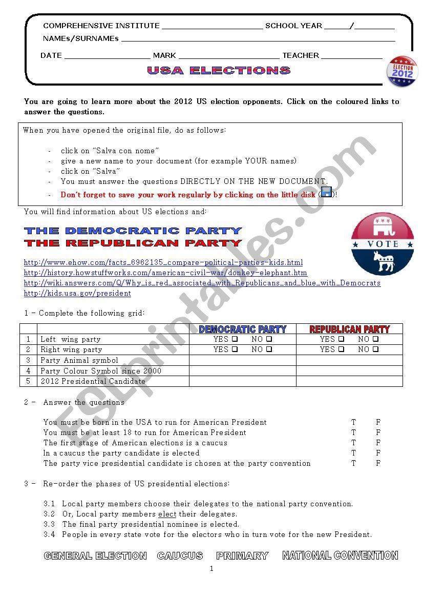 2012 USA Elections Webquest worksheet