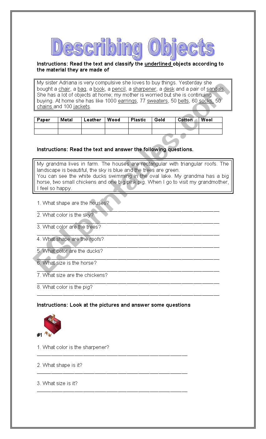 Describing objects worksheet