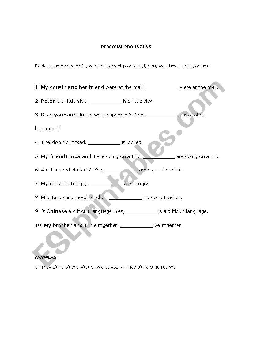 Personal Pronouns worksheet