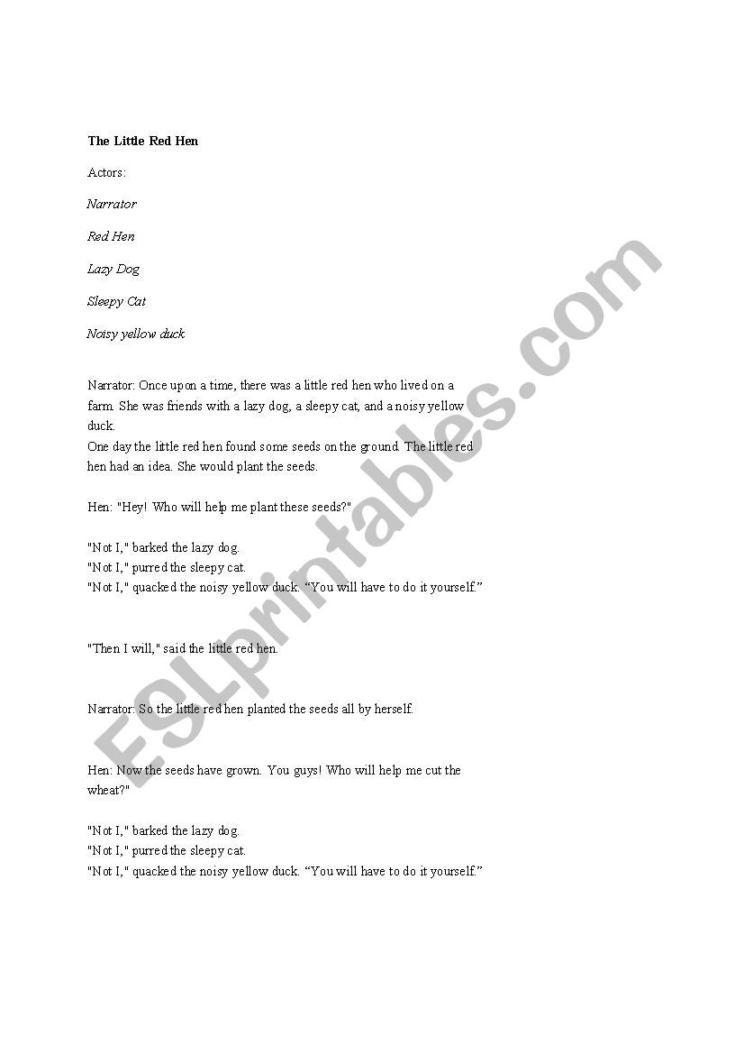 Play: The Little Red hen - ESL worksheet by Riarella