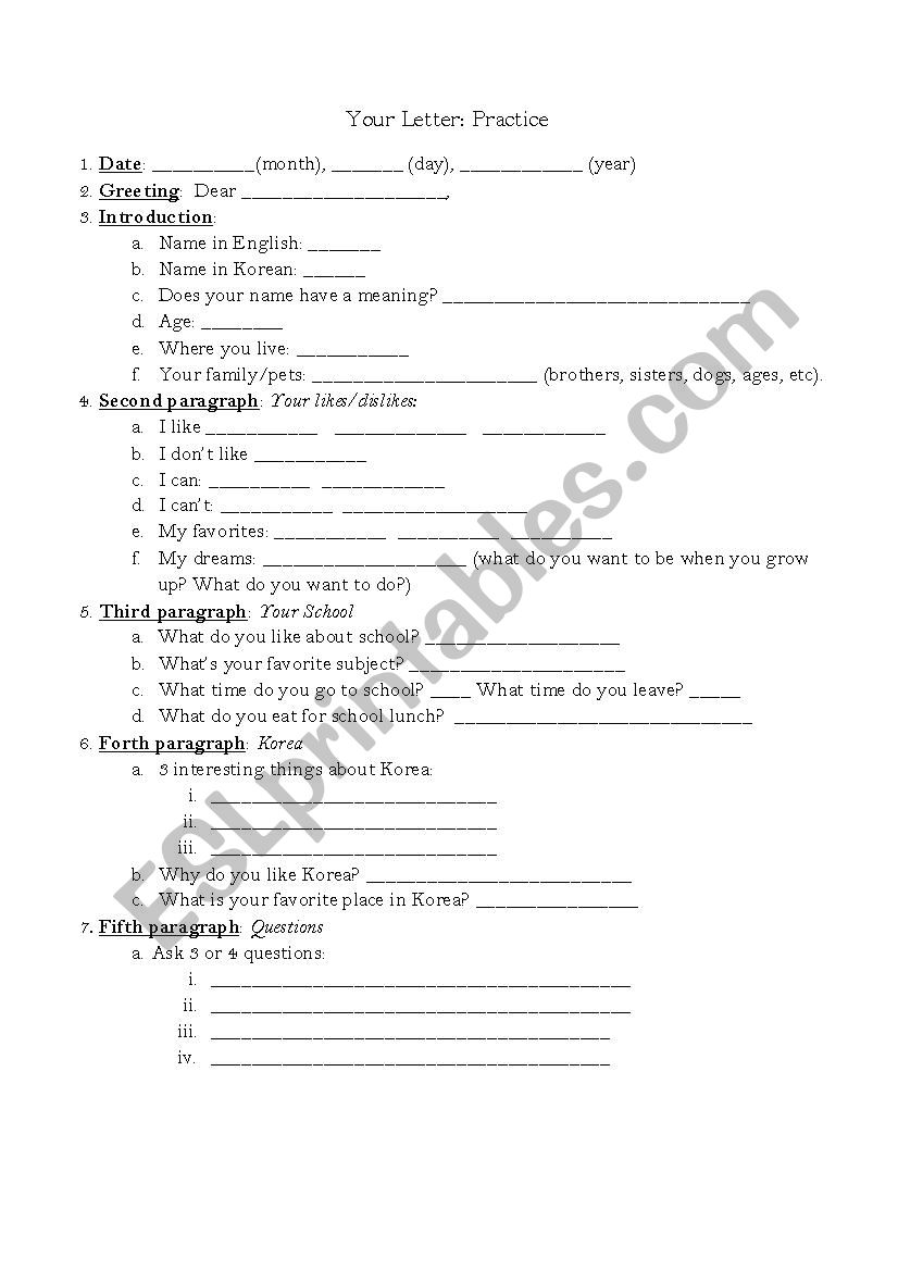 Pen Pal Project worksheet