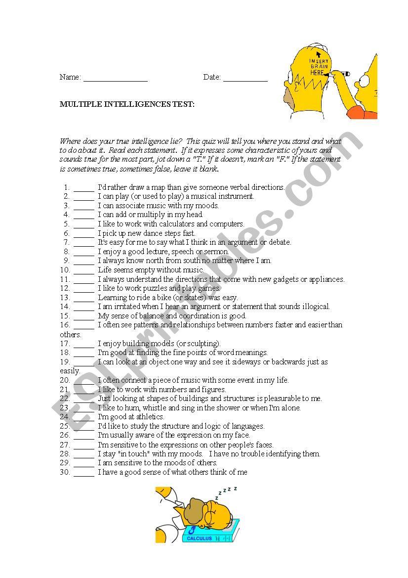 multiple intelligences worksheet